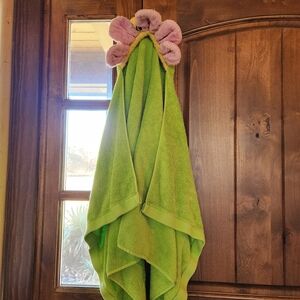 Green Hooded Towel with Pink Flower Accents